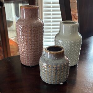 Kirklands Three-Piece Ceramic Vase Set in Rose, Gray and Cream